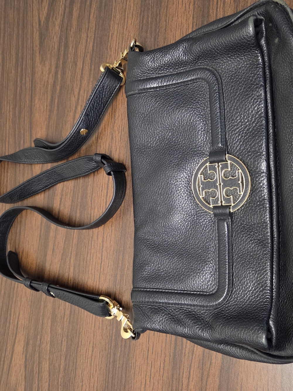 Tory Burch Black Pebbled Leather Crossbody with Gold Logo